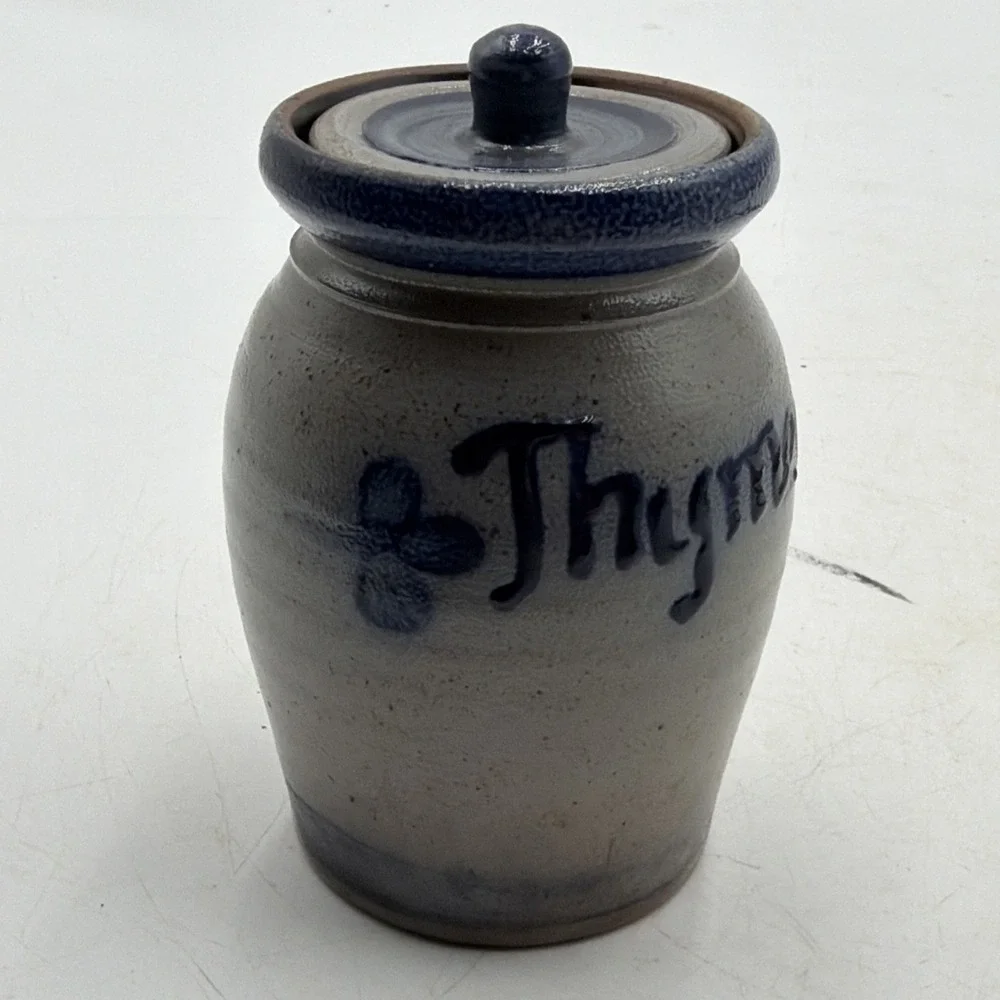 1991 Vintage Rowe Pottery Stoneware Spice Herb Jar Thyme Gray Dark Blue Cobalt